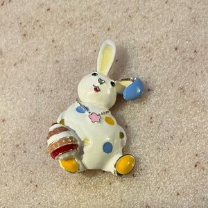 White Polka Dot Bunny Brooch with Egg Accent